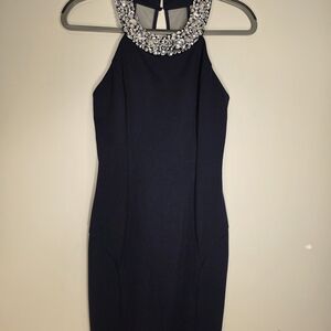 Navy Halter Mini Bodycon Dressl Rhinestone Neckline Mesh Back